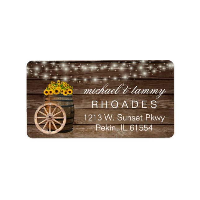 Étiquette Baril de bois rustique et tournesols de campagne (Devant)