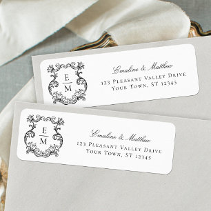 Étiquette Baroque Monogram Crest Mariage Adresse de retour