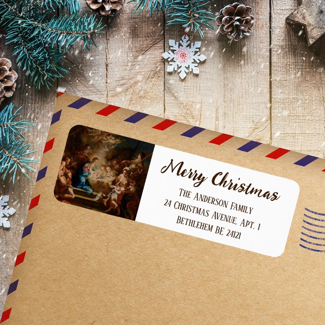 Étiquette Baroque Religious Elegant Merry Christmas Nativity (Baroque Religious Christian Catholic Elegant Merry Christmas Nativity Scene Return Address Label)