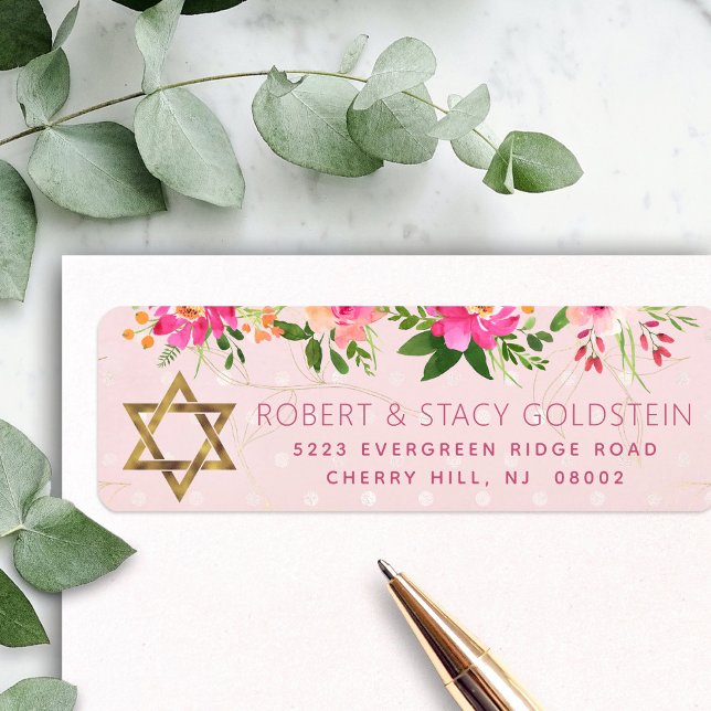 Étiquette Bat mitzvah Rose Floral Girl Gold Adresse de retou (Créateur téléchargé)