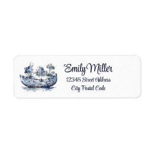 Étiquette Bateau de style Delft bleu et blanc avec scène de