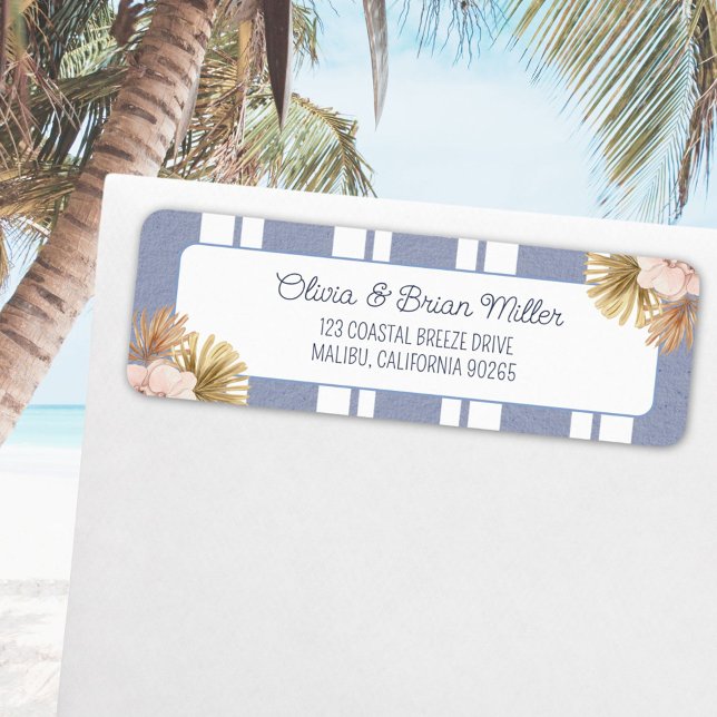 Étiquette Beach House Blue Strip Coastal Boho Adresse de ret (In situ)