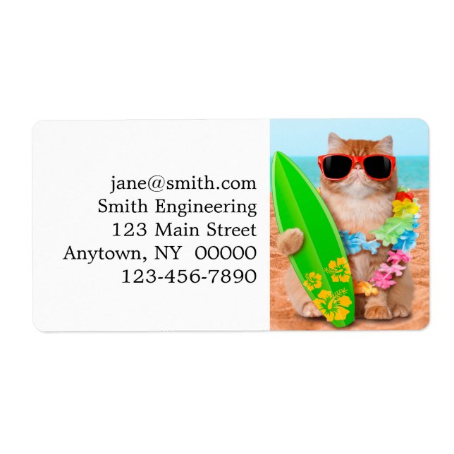 Étiquette Beau chat surfeur sur la plage (Devant)