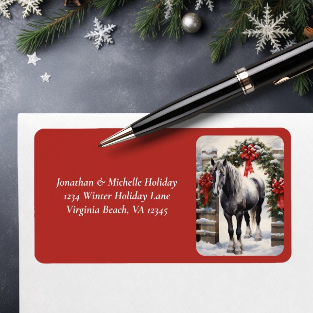 Étiquette Beau Cheval, Garland d'hiver Adresse de Noël (Beautiful Grey Horse with Winter Garland Christmas Label)