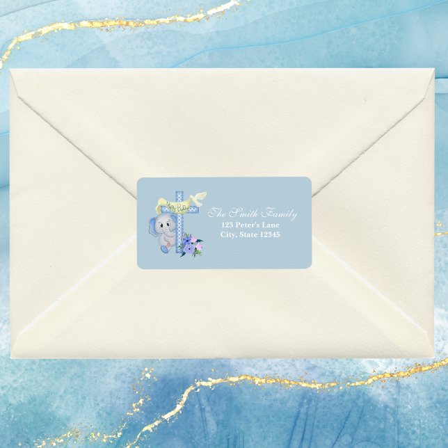 Étiquette Bébé Elephant Cross et Dove Baptism (Créateur téléchargé)