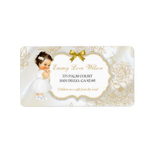Étiquette Bébé Fille Baptême Christening Communion Or Blanc