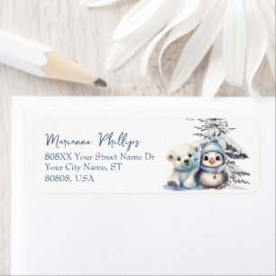 Étiquette Bébé mignon pingouin et ours polaire petit hiver