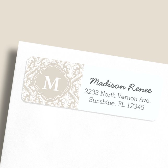 Étiquette Beige et blanc tendance Damask Custom Monogramme (Créateur téléchargé)