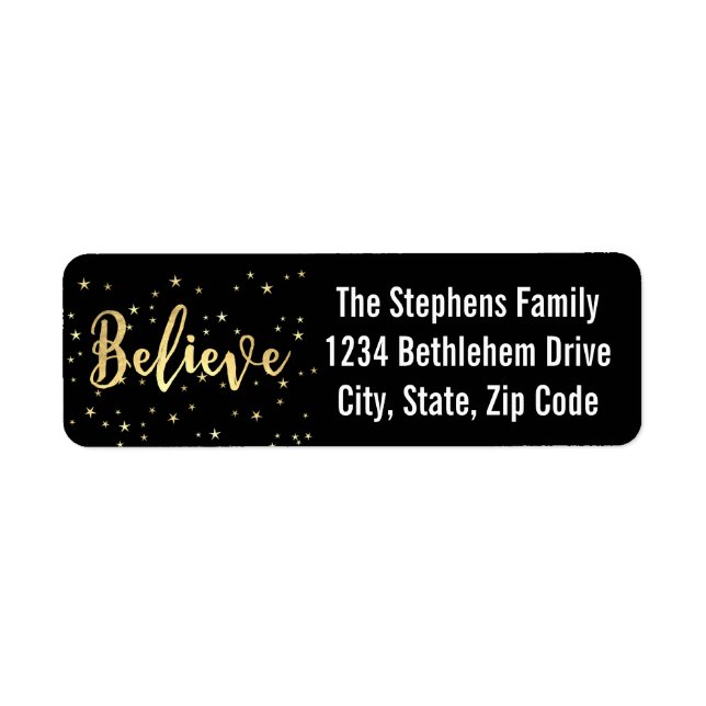 Étiquette Believe Gold Writing Christmas Retourner l'adresse (Devant)