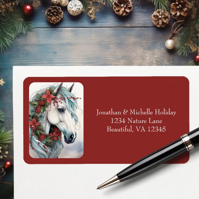 Étiquette Belle Adresse de Noël du Cheval Blanc (Beautiful White Horse Christmas Address Label)