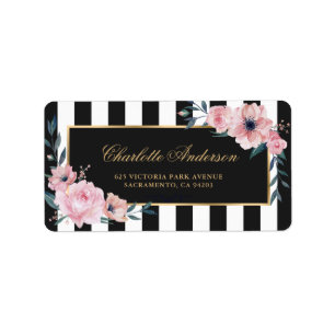 Étiquette Belle aquarelle fleurs roses rayures noires