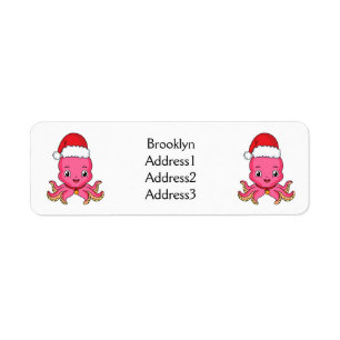 Étiquette Belle pieuvre joyeuse en casquette de Noël