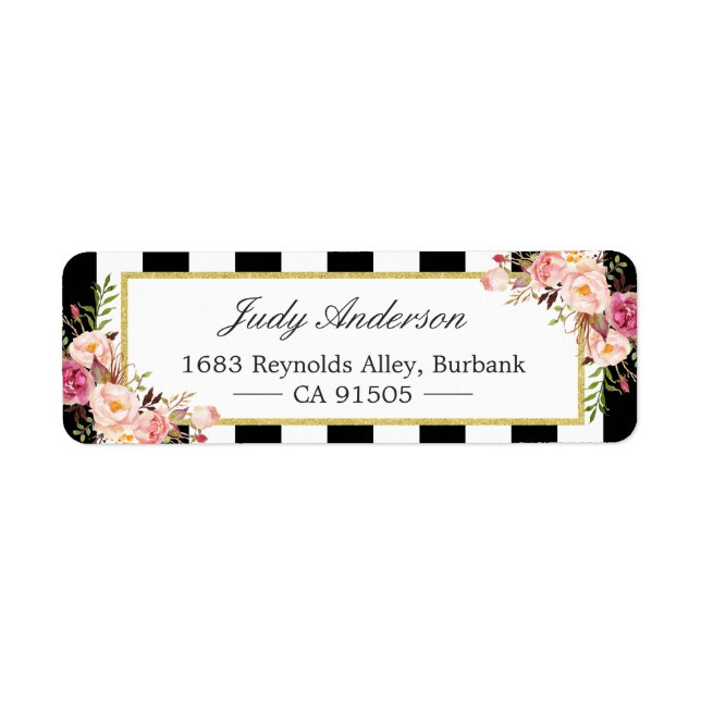 Étiquette Belles Fleurs Roses Classiques Blancs Noirs (Devant)