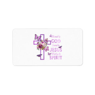 Étiquette Béni par Dieu sauvé par Jésus Croix Florale pourpr