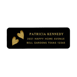 Étiquette Black And Gold Glitter Heart Return Address