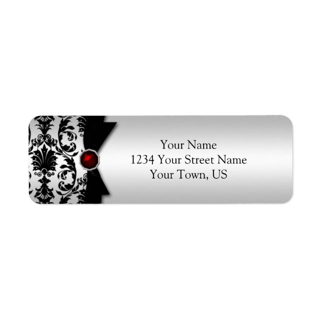 Étiquette Black Argent Damask Imprimé Ruby Gemstone Adresse (Devant)