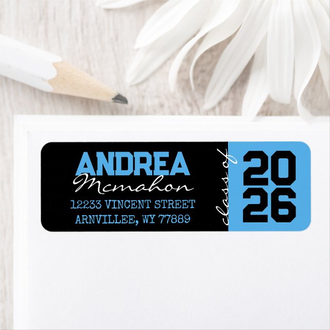 Étiquette Black & Baby Blue Graduation Retourner l'adresse É (Matching Envelopes, Return Address Labels & Envelope Seals)