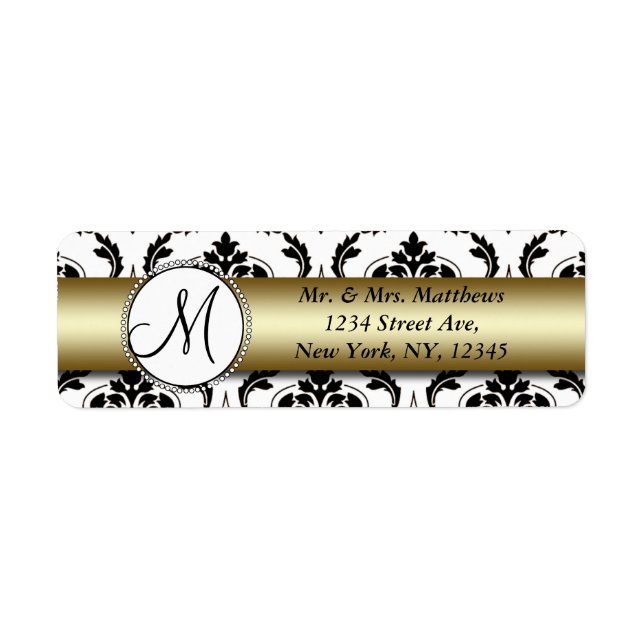 Étiquette Black Damas Gold Monogramme Adresse de retour (Devant)