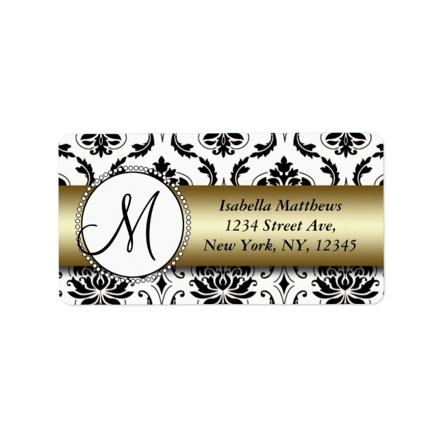 Étiquette Black Damask Gold Wedding RSVP Adresse de retour (Devant)