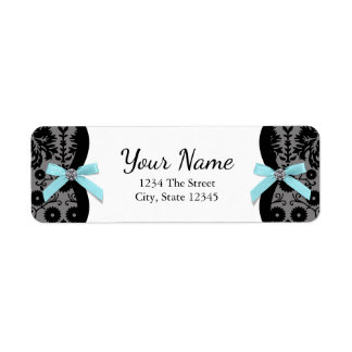 Étiquette Black Damask Turquoise Blue Bow Adresse de retour 
