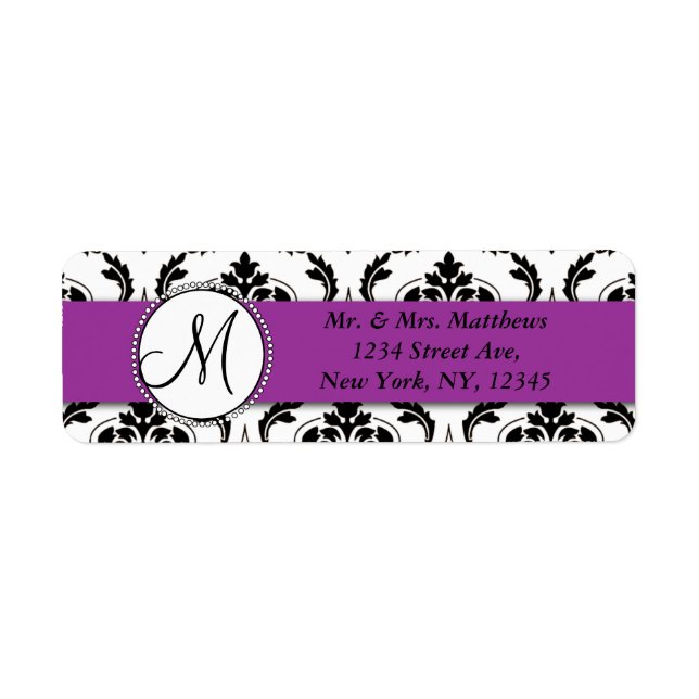 Étiquette Black Damask Violet Monogramme Adresse de retour (Devant)