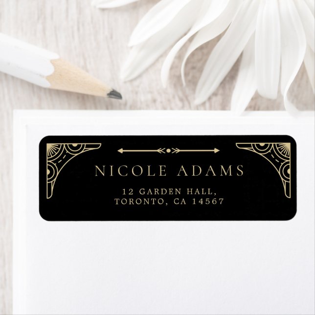 Étiquette Black Elegant Art Déco Gold Retro Adresse Mariage (En situation)