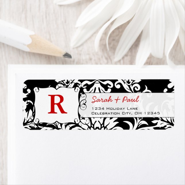 Étiquette Black Floral Damask Rouge Police Adresse de retour (En situation)