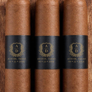 Étiquette Black Gold Crest Monogramme Mariage Cigar Band