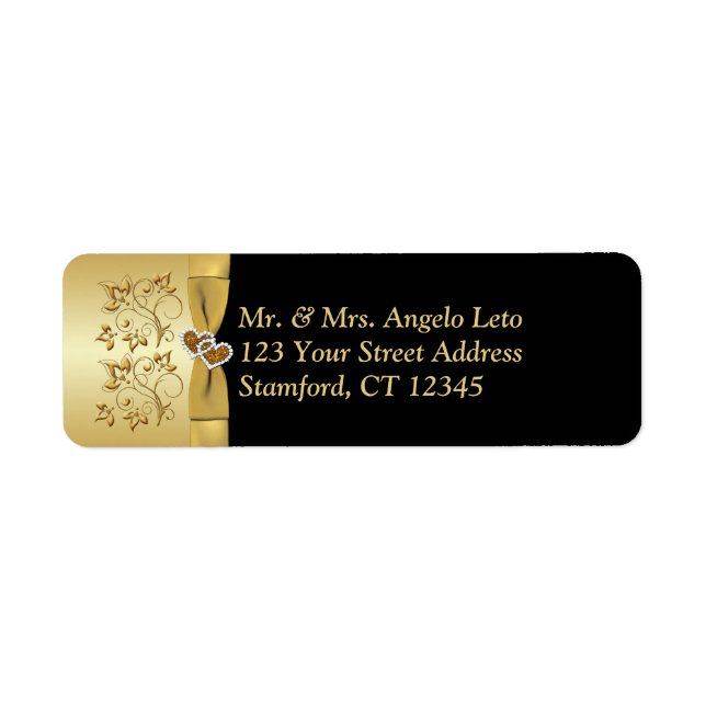 Étiquette Black, Gold Floral, Coeurs Adresse de retour Étiqu (Devant)