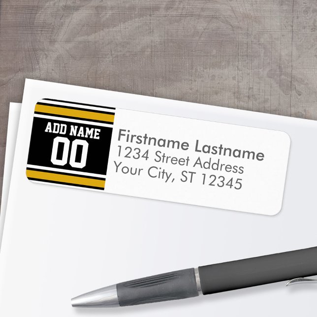 Étiquette Black Gold Football Jersey Nom personnalisé Numéro (Personalized Return Address Label)