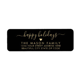 Étiquette Black Gold Happy Holidays Script Return Adresse