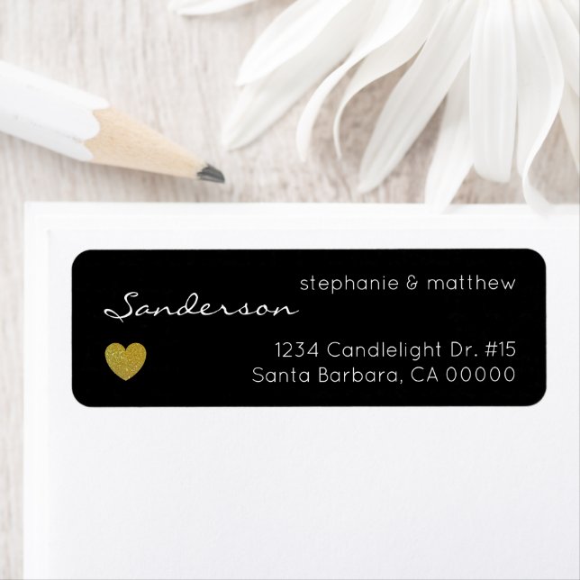 Étiquette Black Gold Heart Mariage Adresse de retour (En situation)