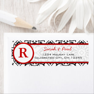 Étiquette Black Heart Damask Red Font Return Adresse Label