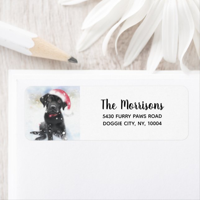 Étiquette Black Lab Puppy in Santa Hat Adresse de retour per (En situation)