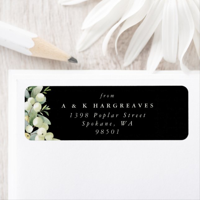 Étiquette Black Snowberry+Eucalyptus Holiday Adresse de reto (En situation)
