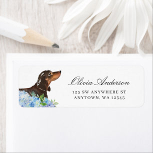 Étiquette Black Tan Dachshund Blue Hydrangea Adresse de reto