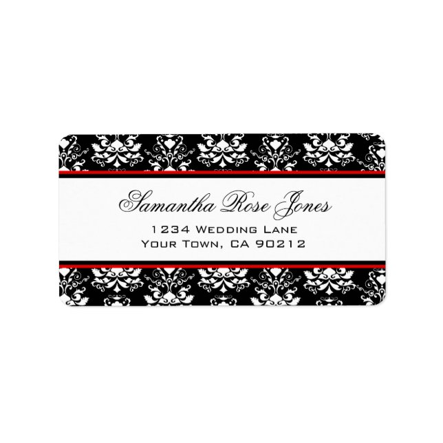 Étiquette Black & White Damask Red Accent Adresse élégante (Devant)