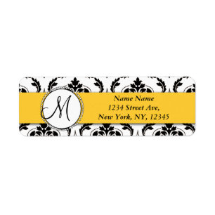 Étiquette Black White Damask Yellow Adresse de retour