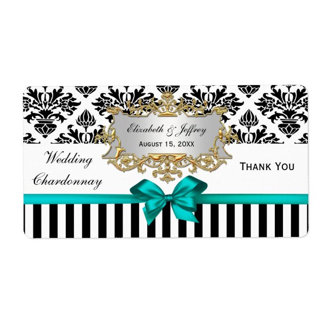 Étiquette Black White Striask Damask Turquoise Party Vin Éti (Devant)
