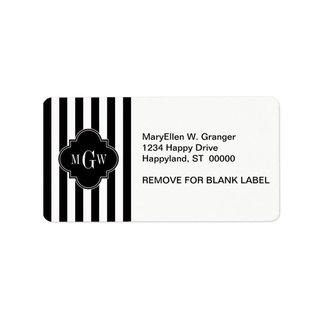 Étiquette Black White Stripe Black Quatrefoil 3 Monogramme (Devant)