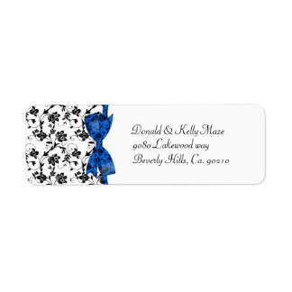 Étiquette Blanc noir et bleu Mariage Satin Floral
