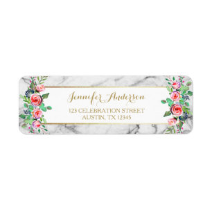 Étiquette Blanc Or Chic Beau Marbre Rose Floral