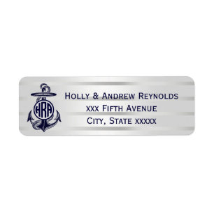 Étiquette Bleu Ancre Argent Blanc Marine Monogramme 33