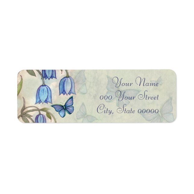 Étiquette Bleu Bell Papillons Aquarelle Floral Mariage (Devant)
