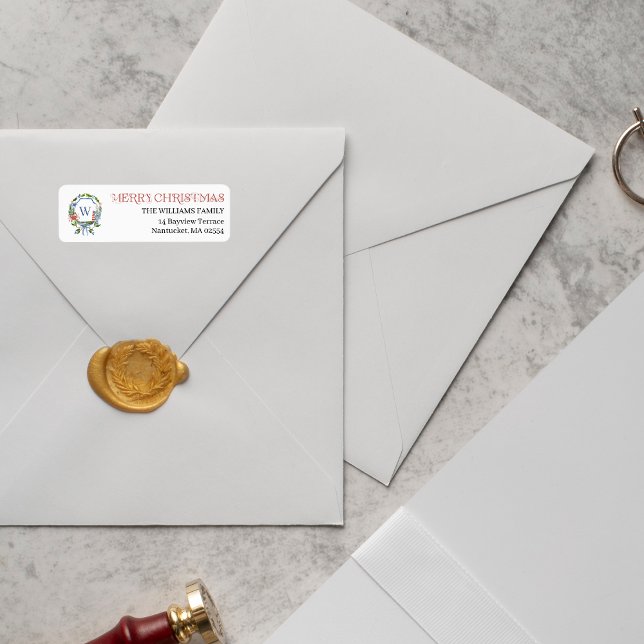 Étiquette Bleu Bow Côte de Noël Monogramme nautique Étiquett (Créateur téléchargé)