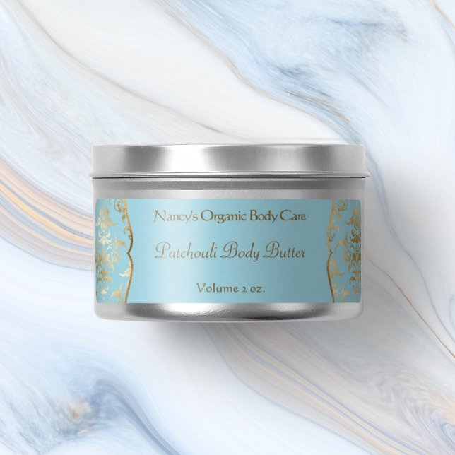 Étiquette Bleu clair et feuille d'or damask cosmétiques étiq (Créateur téléchargé)