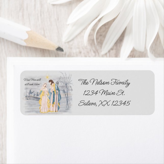 Étiquette Bleu et or Marie, Joseph et Jésus Fête (En situation)