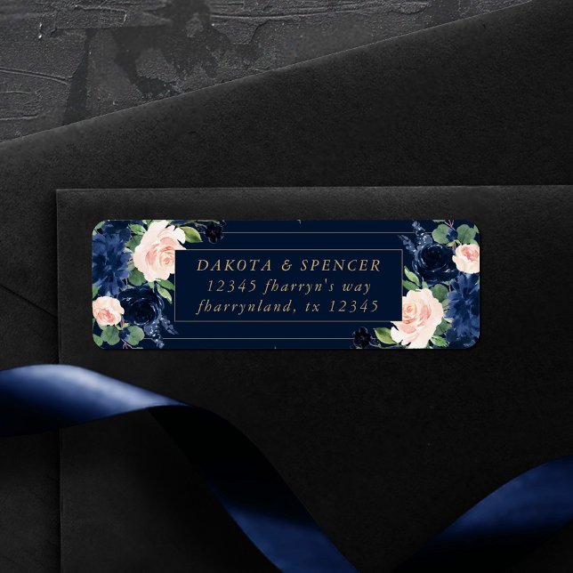 Étiquette Blooms Chics | Dark Navy Blue and Blush Address (Créateur téléchargé)