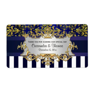 Étiquette Blu Wht Stripe, Blu Gld Damask H Wine Bottle Étiqu