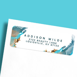 Étiquette Blue And Gold Modern Art Liquid Ink Return Address